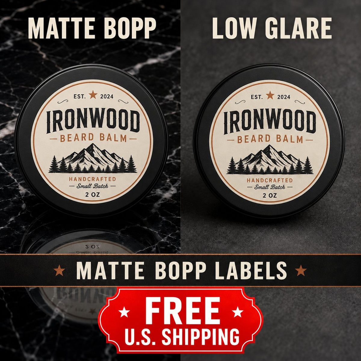 Custom Beard Balm Labels — Matte BOPP mockup — matte BOPP, waterproof and oil-resistant