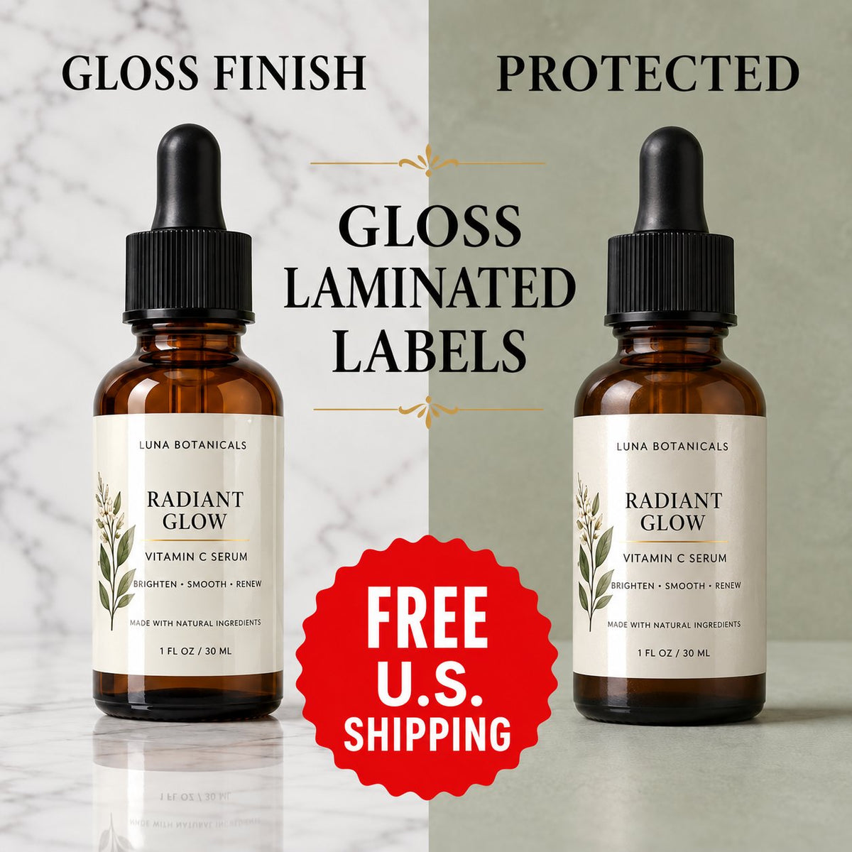 Custom Serum Bottle Labels — Gloss Laminated mockup — water-resistant gloss laminate
