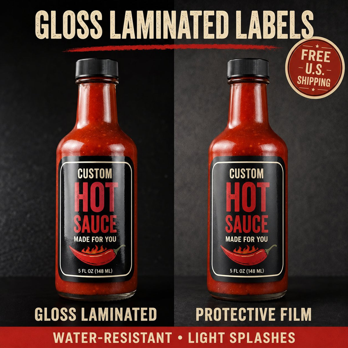 Custom Hot Sauce Labels — Gloss Laminated mockup — water-resistant gloss laminate
