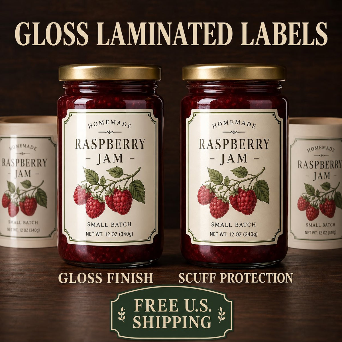 Custom Jam & Jelly Labels — Gloss Laminated mockup — water-resistant gloss laminate