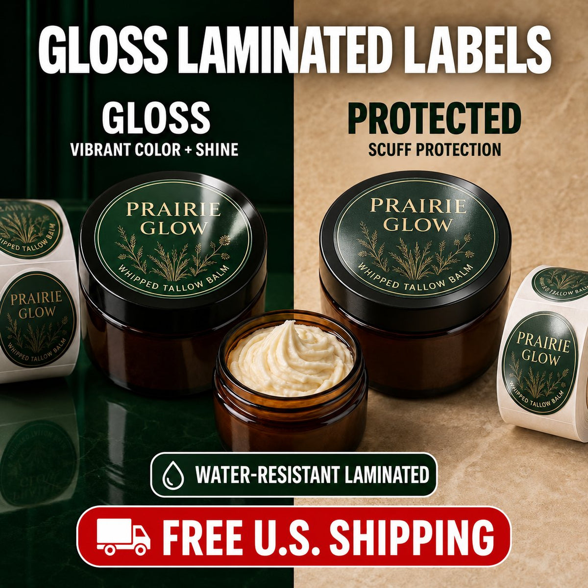 Custom Beef Tallow Balm Labels — Gloss Laminated mockup — water-resistant gloss laminate