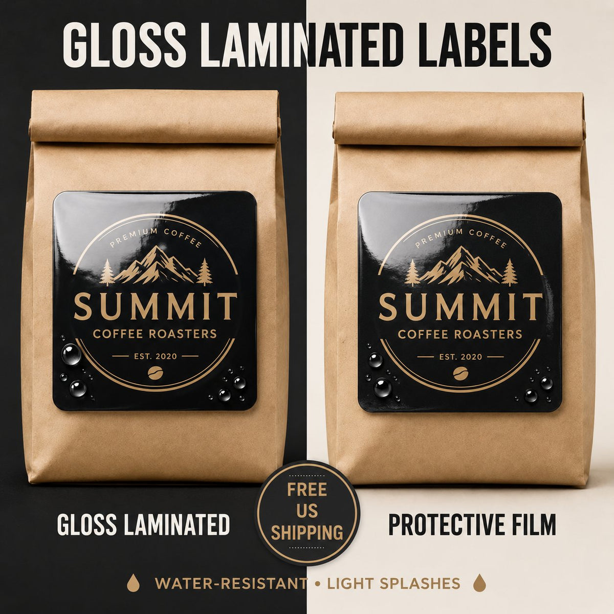 Custom Bag Seal Labels — Gloss Laminated mockup — water-resistant gloss laminate
