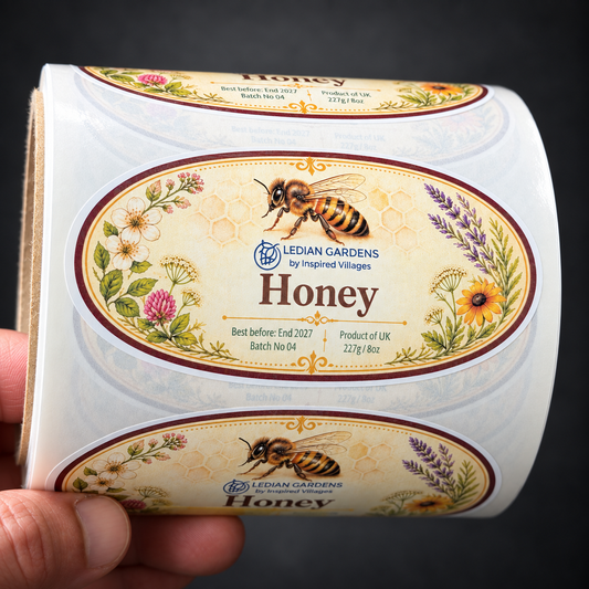 Custom 2 x 4 inch oval paper honey labels on a roll against a charcoal studio background