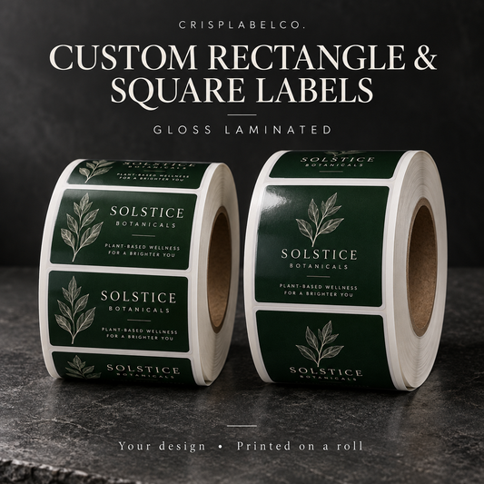 Custom Laminated Rectangle or Square Labels – Water-Resistant Logo Labels on a Roll – Gloss – Product, Bottle, Soap, Candle Labels — illustrative product mockup