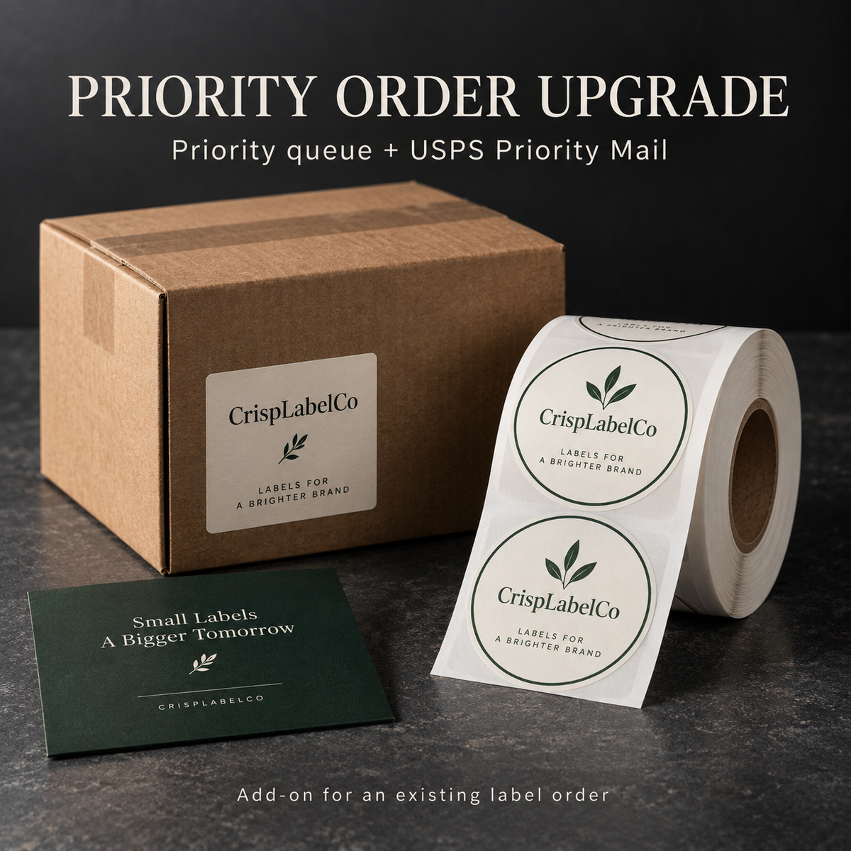 Priority Mail Shipping Upgrade + Priority Order Placement — illustrative product mockup