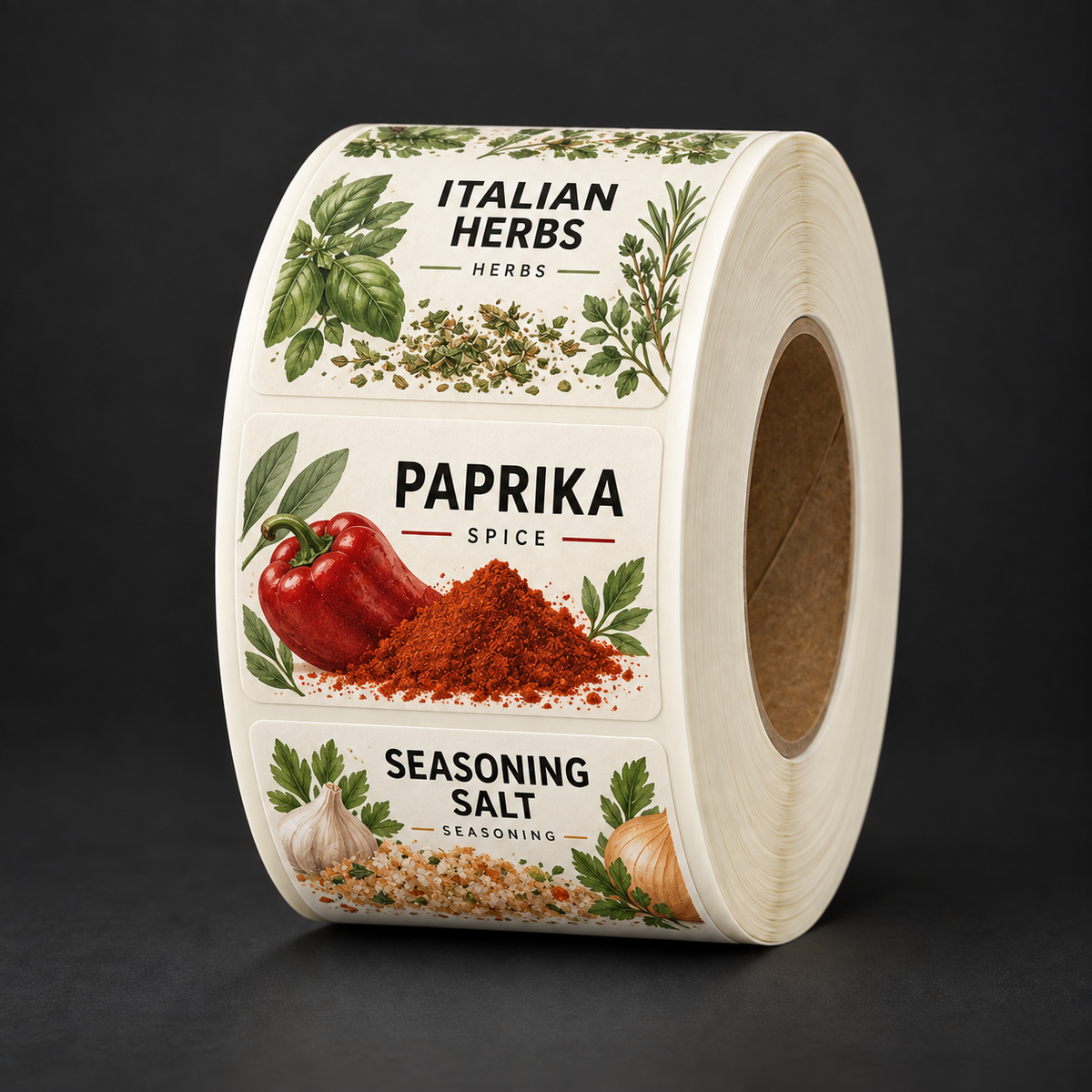 Custom Spice Jar Labels - printed paprika, herb, and seasoning labels on a roll