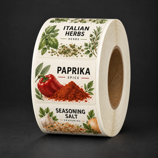Custom Spice Jar Labels - printed paprika, herb, and seasoning labels on a roll