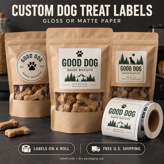 Realistic mockup of custom paper dog treat labels on kraft pouches and a label roll; labels only.
