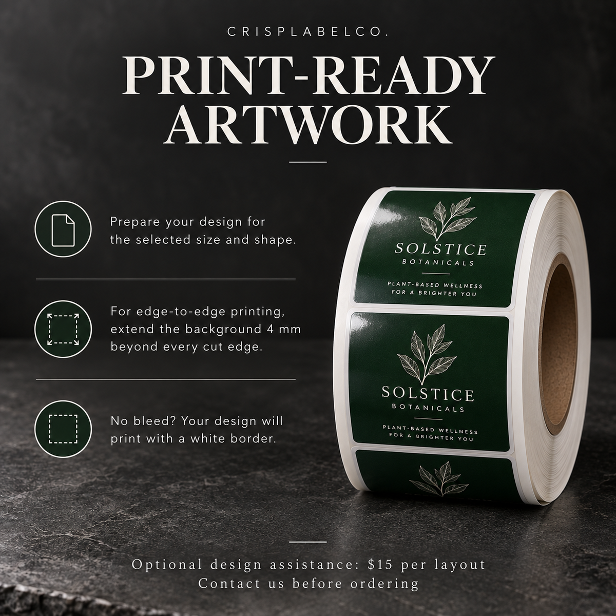 Print-ready artwork guide: 4 mm bleed, white border without bleed, and optional $15 design assistance
