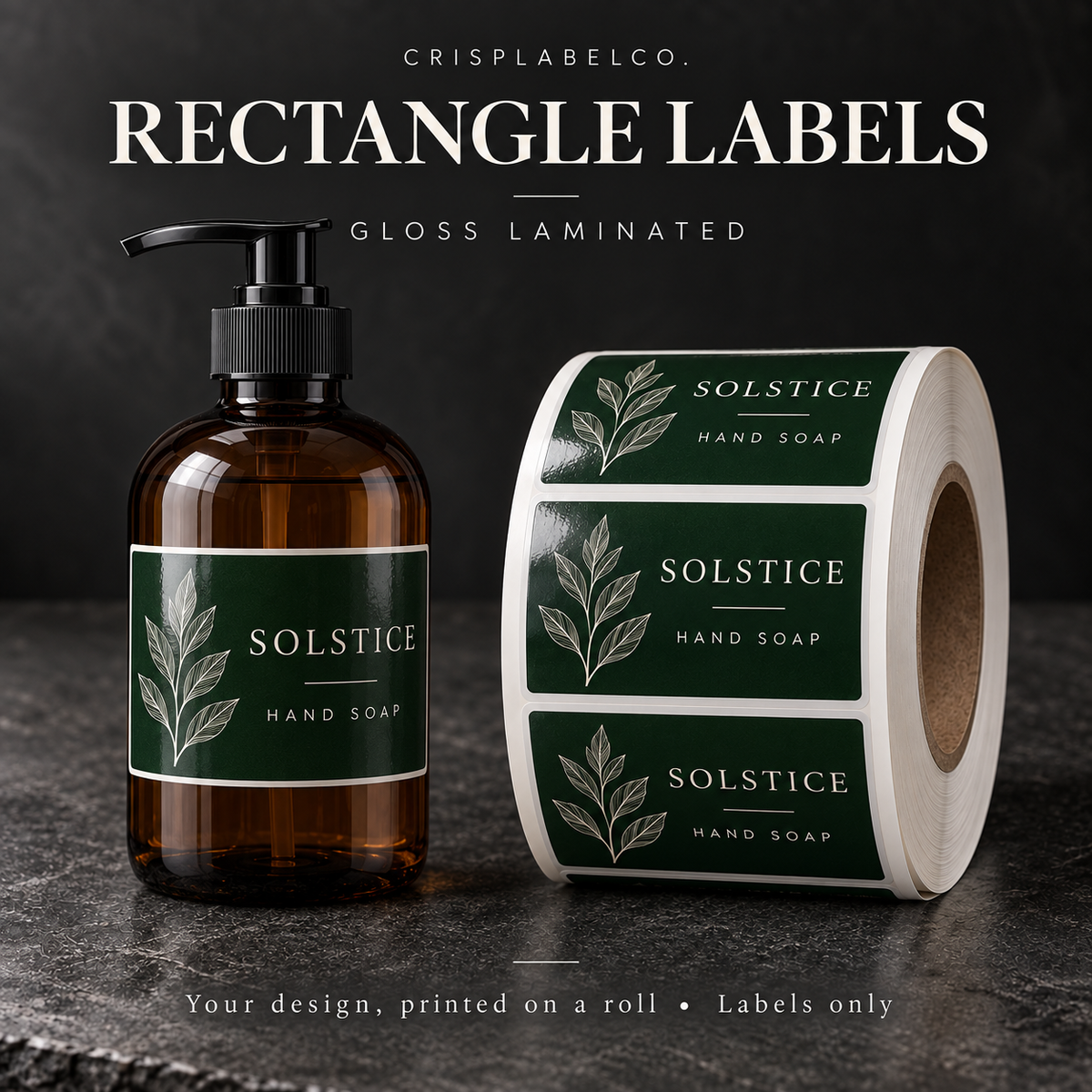 Custom gloss-laminated rectangle labels on a roll — illustrative mockup