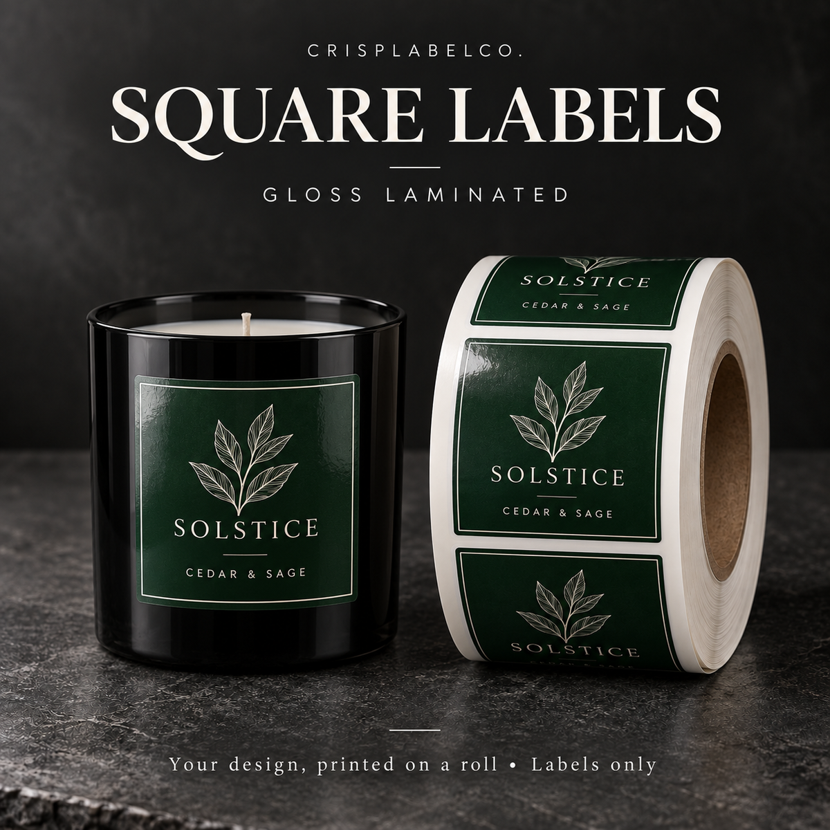 Custom gloss-laminated square labels on a roll — illustrative mockup