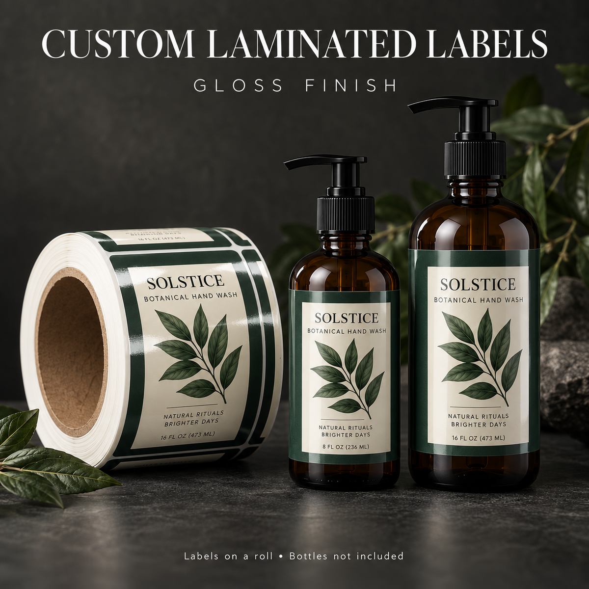 Gloss laminated label roll with botanical hand wash bottles — illustrative mockup
