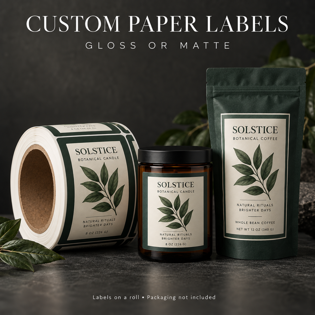 Custom paper label roll with botanical candle and coffee packaging — illustrative mockup