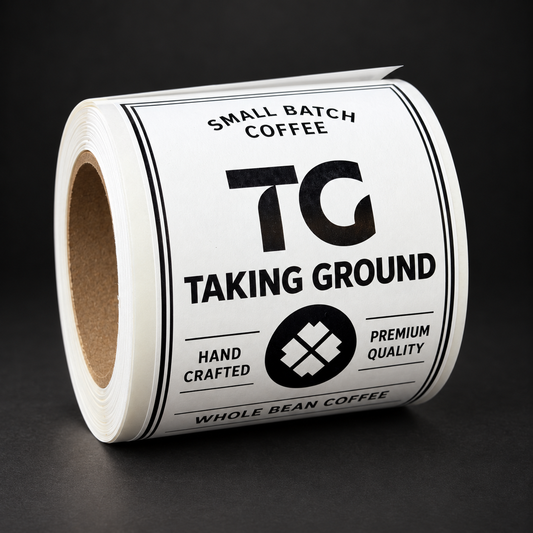 Taking Ground custom coffee labels on a roll with black printing on white stock against a charcoal studio background