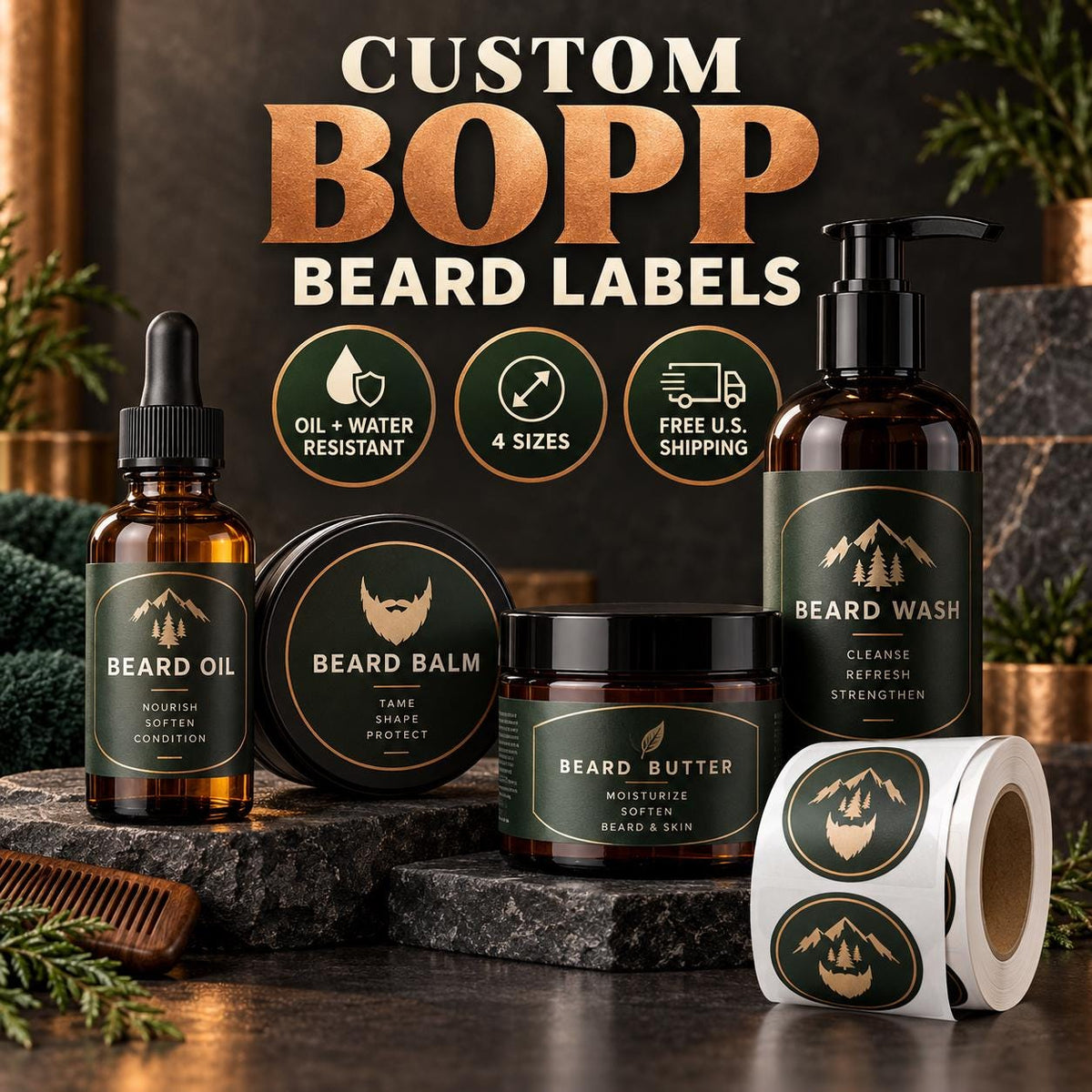 Custom matte BOPP beard product labels