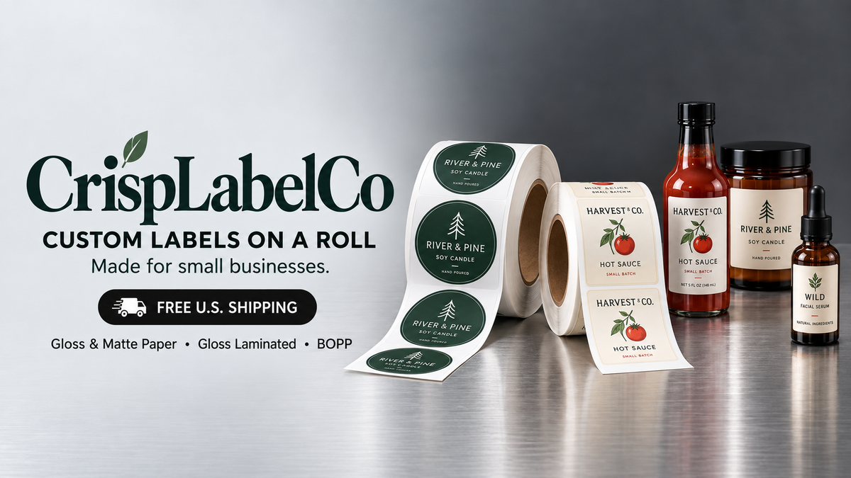 Custom printed label rolls beside sauce, candle and serum packaging